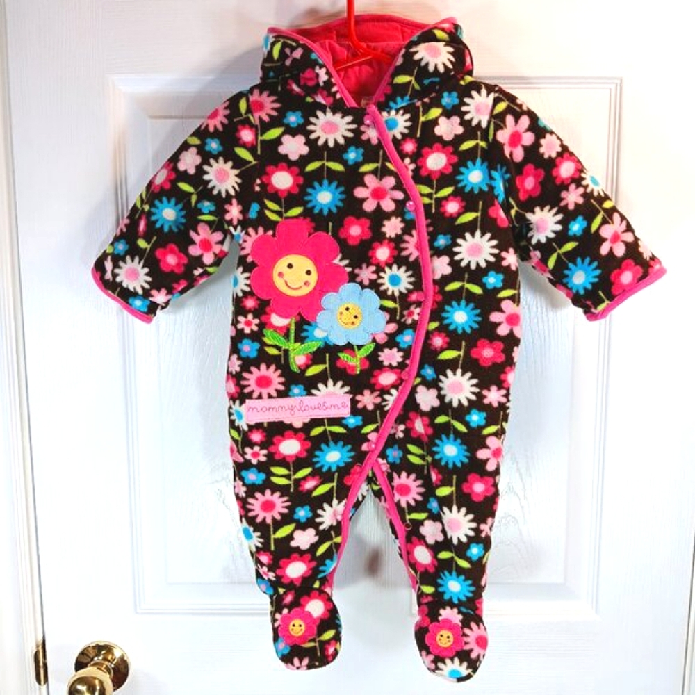 NWOT Baby Girl 12M Fleece Bunting Suit Floral 'Mommy Loves Me' Cozy One-Piece